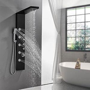 ROVATE Rainfall Waterfall Shower Tower Panel System, 304 Stainless Steel Bathroom Shower Tower with 5 Rain Body Massage Jets and 3 Sets Handheld Shower, Shower Column Wall Mounted Black