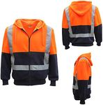 HI VIS Reflective Tape Fleece-lined Jacket FullZip Safety Hoodie Workwear Jumper, Fluro Orange / Navy, 3XL