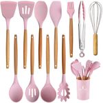 Fruitalite Silicone Kitchen Utensils Spoon Spatula Cooking Set- 12 Pcs Non-Stick with Wooden Handle- BPA Free, Heat Resistant Item, Flexible Non Toxic Silicon Cookware Tools with Holder- Pink