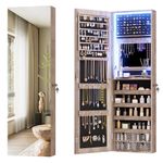 Vlsrka 47.2 Inch Full Length Mirror with Storage, Wall Mount Mirror Jewelry Cabinet, Over The Door Hanging Jewelry Armoire Organizer, Built-in Light, 4 Drawers, 5 Shelves, Lockable (Wood)