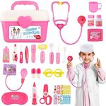 Doctor Kit for Kids, 33 PCS Durable Doctor Toy Dentist Medical Kit with Stethoscope and Doctor Costume, Pretend Play Doctor Playset for Toddler Boys Girls 3 4 5 6 Years Old (Pink Box with Costume)