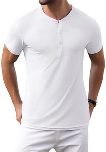 PEGENO Mens Henley Shirts Short Sleeve Mens Summer Shirts Button T-Shirt White XXL