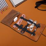 QEES Leather Cord Roll Up, Leather Electronic Accessories Cable Roll Organizer, Travel Leather Pouches Wrap for Pen, Key or Earphone GJB65