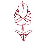 Psychovest Women's Sexy Lace Hallow Stripped Bra and Panty Lingerie Set Free (Red)