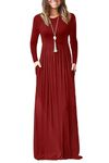 WNEEDU Maxi Dress 2024 Fall Long Sleeve Dress Casual Long Dresses with Pockets Red 3XL