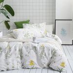 Wake In Cloud - Botanical Comforter Set, 100% Cotton Fabric with Soft Microfiber Fill Bedding, Yellow Flowers Green Leaves Floral Garden Pattern Printed on White (3pcs, Queen Size)