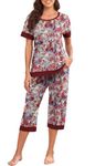 VINTATRE Women's Pajama Set Short Sleeve Shirt and Capri Pants Sleepwear Pjs Sets Lounge Set Black Color Hibiscus-2XL