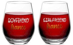 Boyfriend Girlfriend Fiance - Funny Engagement Gift for Couples - 15 oz Stemless Wine Glass Set (2Pack)