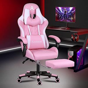 ALFORDSON Pink Gaming Chair Racing Style with Extra Large Lumbar Cushion and U-shape Headrest High Back Ergonomic Reclining Video Game Desk Chair with Footrest PU Leather Swivel Home Office Chair