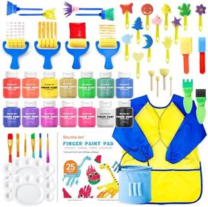 Washable Finger Paint Set, Shuttle Art 46 Pack Kids Paint Set with 14 Colors(60ml) Finger Paints, Brushes, Finger Paint Pad, Sponge, Palette, Smock, NonToxic for Toddlers Home Activity Early Education