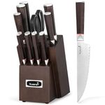 Kuisine Kitchen Knife Set, Authentic Damascus Steel Ultra Sharp, Ergonomic Non-Slip Wood Handle, Chef Knife Block Set with Built-in Sharpener, Gifts for Mother's Holiday(Silver, 12PCS)