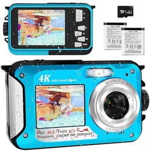 4K Macchina Fotografica Subacquea Con Scheda Micro SD da 64 GB - Fotocamera Subacquea 48 MP Con Autofocus E Doppio Schermo - 3 Metri Fotocamera Subacquea Digitale (2 Batterie Incluse)