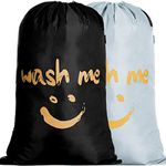 IHOMAGIC 2pack Laundry Bag Extra Large 100L, Foldable Storage Bag with Drawstring Cord Lock Closure, Nylon Clothes Bags for Bedroom or Dormitory and travel, Golden Smile Fabric Bag, Black/Silver