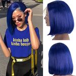 Smartinnov Pre Plucked Bob Wigs Blue 180% Density Virgin Human Hair Lace Front Wigs 12inch Middle Part 13×4 Frontal Colored Short Bob Straight Bleach Knot Royal Blue Bob Wig for Lady