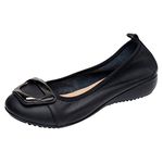 Jamron Women Genuine Leather Comfort Shoes Soft Sole Ballerinas Low Wedge Heel Slippers Black SN020624 UK6