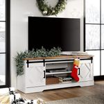 WAMPAT Farmhouse TV Stand with Siliding Barn Doors, Wood Entertainment Center for TV's up to 65" with Adjutsbale Shelves and Storage Cabinets for Living, White