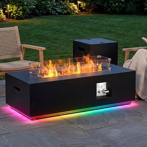 SUNPEAK 42" Propane Fire Pit Table with LED Light - 50,000 BTU with Wind Guard, Lid, Rocks and Cover - Outdoor Gas Fire Pit Rectangle - Coffee Table with Fire Pit (Black/RGB Light, 42" LED)