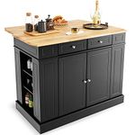 Giantex Kitchen Island with Drop Leaf, Rubber Wood Top, 2 Drawers, Storage Cabinets, Spice Racks, Adjustable Shelves, Stationary Kitchen Table for Home Coffee Bar, 47''x36''x36'' (Black),(GX10444BK+VJ)