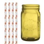 Dress My Cupcake DMC35223 Amber Yellow Vintage Jardin Mason Jar with Orange Polka Dot Straws, 32-Ounce