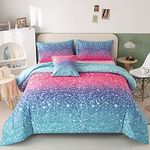 RYNGHIPY 6Pcs 3D Glitter Comforter Bedding Sets for Kids Teens Girls Women, Pink and Blue Rainbow Quilt Set Full/Queen Size, Ultra Soft Reversible Quilted Duvet