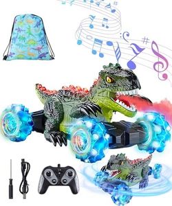 Dinosaur Remote Control Car RC Stunt with Spray & Lights & Music, 360°Rotating 4WD Stunt RC Toys for Kid, 2.4 GHz, Rechargeable, All Terrain Car Toys Presents for Boys Age 3-12 (With Storage Bag)