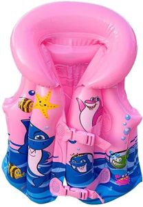 GNEY Kids Inflatable Swim Vest Life Jacket with Arm Floaties,Adjustable Double Buckle Safety Float for Toddlers & Children,Cartoon Design Pool & Beach Swim Aid (Pink & Blue)