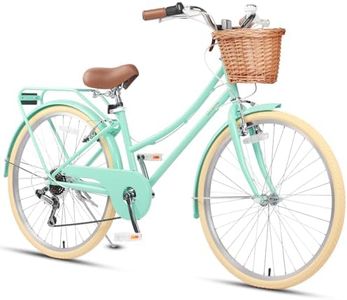 Glerc 26 Inch Beach Cruiser Bike, 6-Speed Hybrid City Bicycle for Girls Youth and Over 6 Years Old, Missy Bike with Wicker Basket & Lightweight, Mint