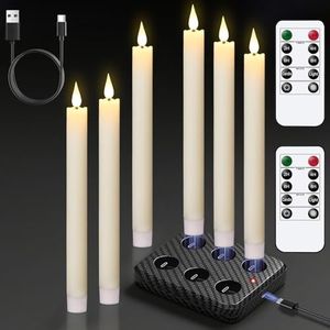 GenSwin Rechargeable Flameless Taper Candles with Charging Base, 6 Pack LED Candles Battery Operated with Remote Timer, Real Wax Flameless Candlesticks for Halloween Christmas Decorations(Ivory)
