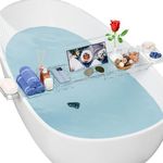 PINZOR Luxury Clear Acrylic Bathtub Tray for Tub with Book Holder, Expandable Bathtub Caddy Shelf, Plastic Bath Table Board & Bathroom Organizer Accessories for Women Relaxing Spa Gifts