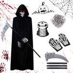 Halloween Grim Reaper Costumes Kid Adult 5 PCS,Black Grim Reaper Hood Cloak Costume With Sickle,Skeleton Gloves,Mask,Chain