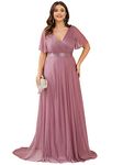 Ever-Pretty Plus Women's Plus Size V-Neck Long Shimmery Flutter Sleeve Pleated Evening Dress 50159, Orchid, 22