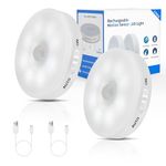 Improved LED Rechargeable Motion Sensor Light Indoor, Long-Lasting Battery, Wireless Closet Lights Motion Sensored, Motion Sensor Night Light, Puck Lights for Closet, Cabinet, Kitchen - Cool 2Pack
