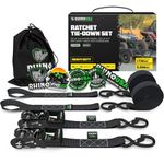 RHINO USA Ratchet Straps Motorcycle Tie Down Kit, 5,208 Break Strength - (2) Heavy Duty 1.6" x 8' Rachet Tiedowns with Padded Handles & Coated Chromoly S Hooks + (2) Soft Loop Tie-Downs (BLACK)