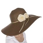 Sakkas EH5241LF - Womens UPF 50+ 100% Paper Straw Flower Accent Wide Brim Floppy Hat - Brown/One Size