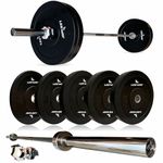 LEEWAY Black Rubber Bumper Plates with Olympic Barbell, (50kg Set)| Olympic Weightlifting Gym Rubber Bumper Weight Plates| Olympic Barbell Weight Plate| Olympic Barbell (50kg Set (10X2+15X2))