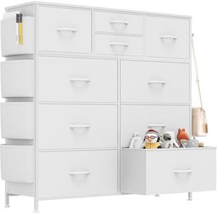 Lulive White Dresser for Bedroom with 10 Drawers, Chest of Drawers with Side Pockets and Hooks, PU Storage Dresser, Organizer Unit for Living Room, Hallway, Closet (White)