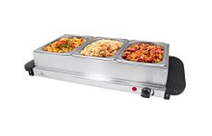 Invero® Compact 3-Section Stainless Steel Food Buffet Server and Warming Hotplate Tray with Adjustable Temperature Control, Clear Lids and Cool Touch Handles - 200W