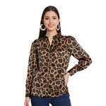 9 Impression Women Black & Gold Animal Printed Satin Full Sleeves Shirt Collared Tops (M)