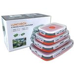 Collapsible Silicone Food Storage Container with Lid, Portable Lunch Bento Box Outdoor Picnic Box Space Saving, Microwave, Dishwasher and Freezer Safe, Set of 4(Red)