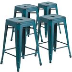 Flash Furniture Commercial Grade 4 Pack 24" High Backless Metal Indoor-Outdoor Counter Height Stool, Plastic, Iron, Distressed Kelly Blue-Teal