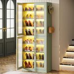 Tribesigns Tall Shoe Storage Cabinet with Acrylic Doors and LED Lights, 8-Tier Entryway Shoe Organizer Rack with Adjustable Shelves and Hanging Hooks for Narrow Closet, Hallway, Mint Green (Set of 2)