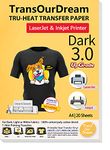 TransOurDream Tru-Transfer Paper Upgraded 3.0 20 Sheets A4 for Inkjet&Laser Printer Iron On Heat Transfer Paper for Dark Fabric Transfer Paper for Black T-Shirts Printable Vinyl(Trans-03-20)