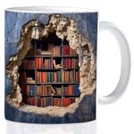 KRUCE 3D Bookshelf Mug Cup,Funny 3D Book Ceramic Coffee Mug for Cat and Book Lover Book Coffee Mug Book Mug Bookworm Mug Book Club Cup