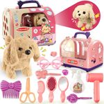 TEUVO Toy Dog for Kids, Walking, Barking, Tail Wag, Plush Dog Toy Pet Care Playset, 14Pcs Realistic Stuffed Puppy Grooming & Cage & Interactive Electric Dog Toys Gifts for 3 4 5 6 Year Old Girls Boy