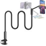 SAIJI Gooseneck Phone Holder for Bed, 360° Rotate Support Rod One-Hand Adjustable Cell Phone Holder, Flexible Long Arm Headboard Clip Clamp Cell Phone Stand, Compatible with All 4.7-7" Devices (Black)