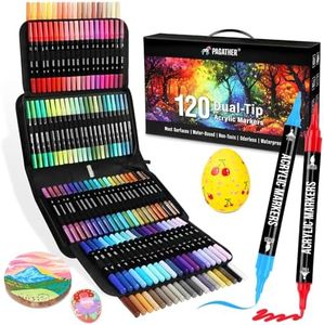 120 Colors Acrylic Paint Markers, Dual Tip Fine and Brush Tips Pens Contain 24 Metallic Color for Stone, Wood, Calligraphy, Canvas, Ceramic, Metal, Glass, Rock Painting, DIY Crafts Art Supplies Kit