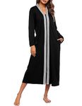 Ekouaer Women Zipper Robe Long Sleeve Loungewear Lightweight Housecoat Full Length Nightgown with Pockets (Black, Small)