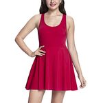 Amante Women Solid Padded Scoop Neck Sleeveless Built-in Pads, Built-in Inner Short, Strappy Racerback, Feminine Skirt Styling Swim Dress - SWM17624 (Red) (S)