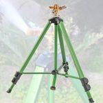 TANGZON Garden Tripod Sprinkler on Tripod Base, Lawn Irrigation Sprinkler with 360° Rotation, Height Adjustment, Brass Head, 11m-13.6m Coverage Area, Multi-use Water Sprinkler (Green, 57cm-120cm)