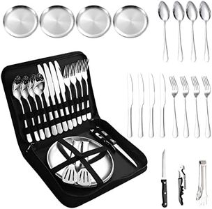 A · HOUSEWARE Camping Silverware Silver Picnic Plates and Utensils Set for 4 Portable Tableware Stainless Steel Flatware 20 Pieces With Organizer Bag Reusable Durable